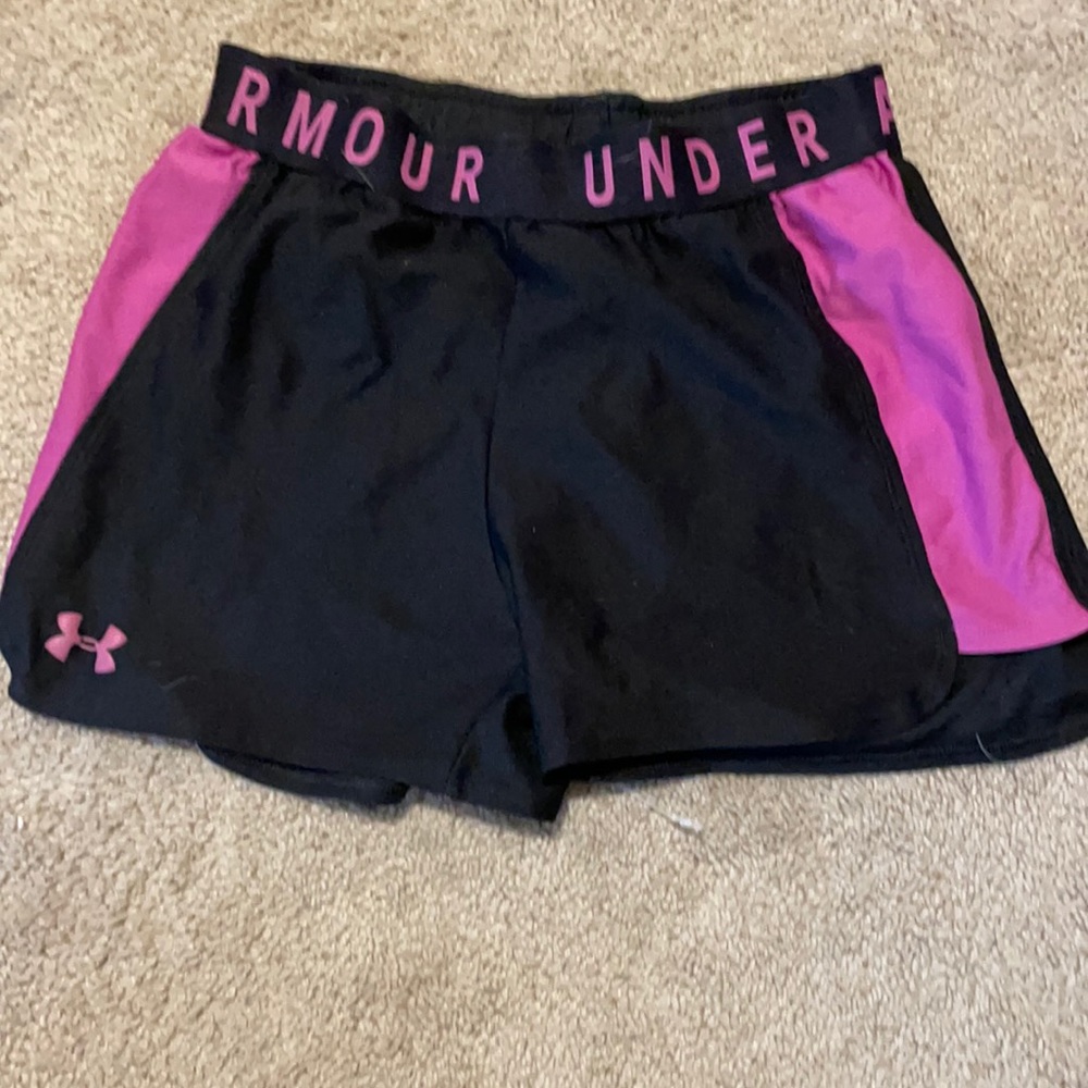 Under Armor black and purple athletic shorts